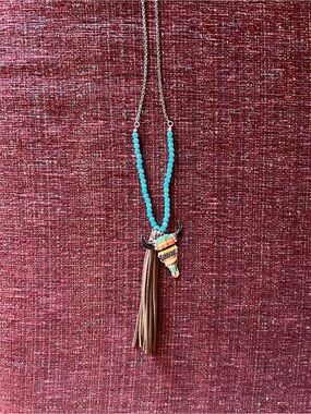 Turquoise Bead Long Necklace with Aztec Bull Pendant and Brown Tassel